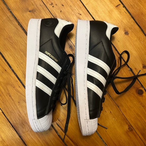 Vegan Adidas Black, White & Gold Superstar Sneakers - Picture 2 of 4